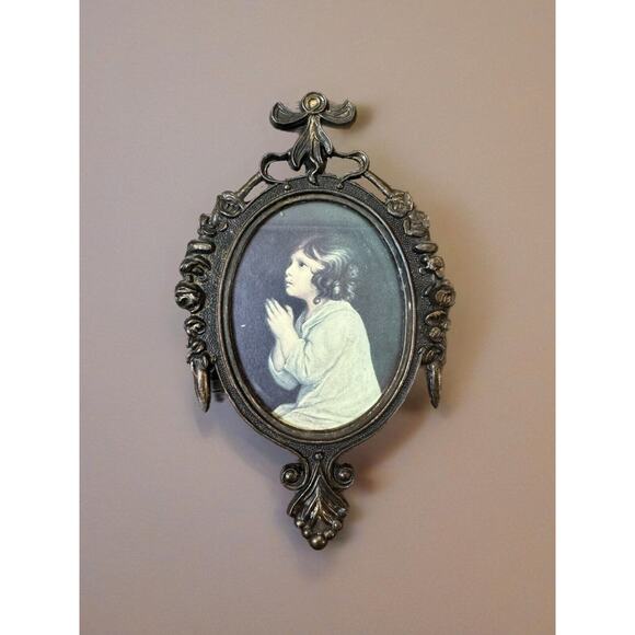 Vintage Italy Florentine Brass Small Mini Frame Child Praying Dark Academia 6.5” - Picture 1 of 10